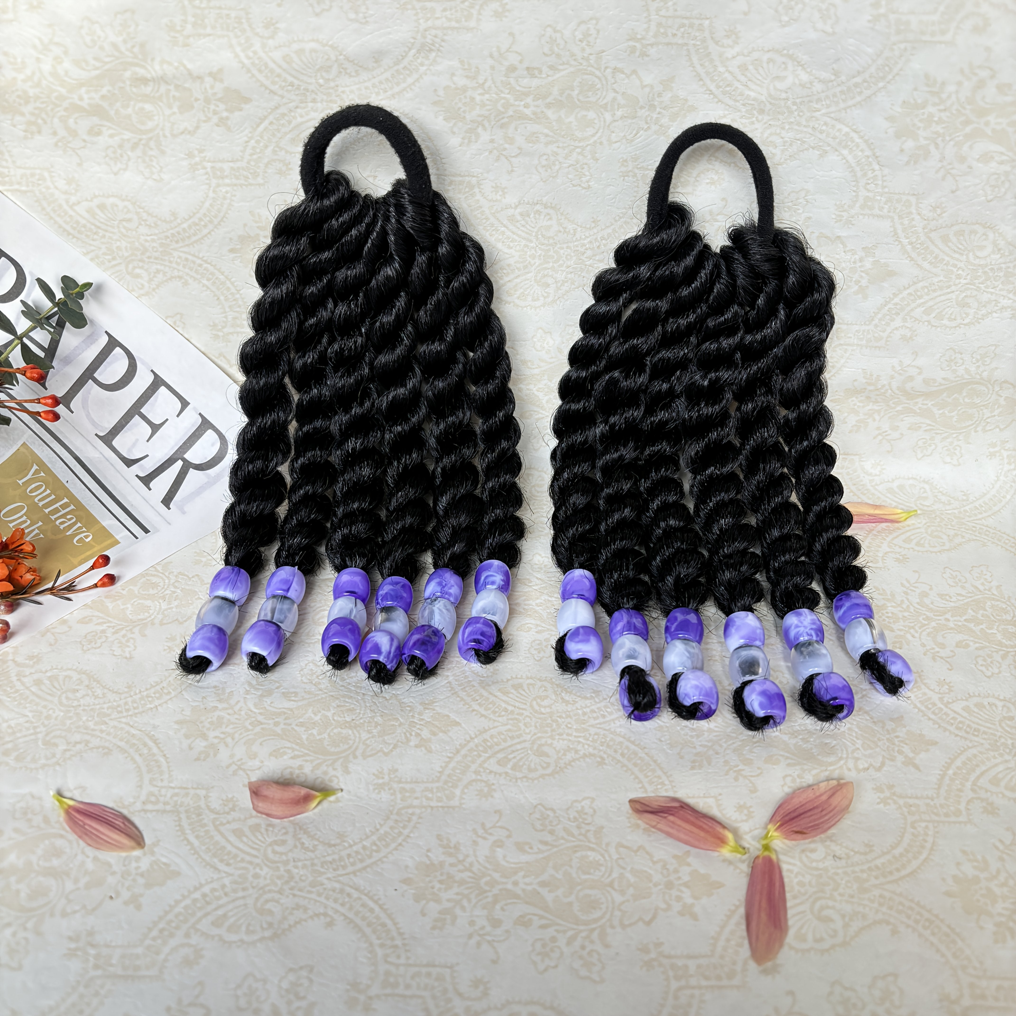 2pcs Set, 6-Inch Fluffy Short Ponytail Hair Extensions with Colorful Beads - Loose Curly Style, Heat-Resistant Synthetic Fiber