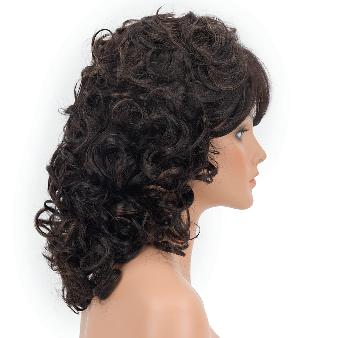 Synthetic Women Wig with Curly Texture And Bangs Black Regular Wig for Natural Fluffy Hairstyle