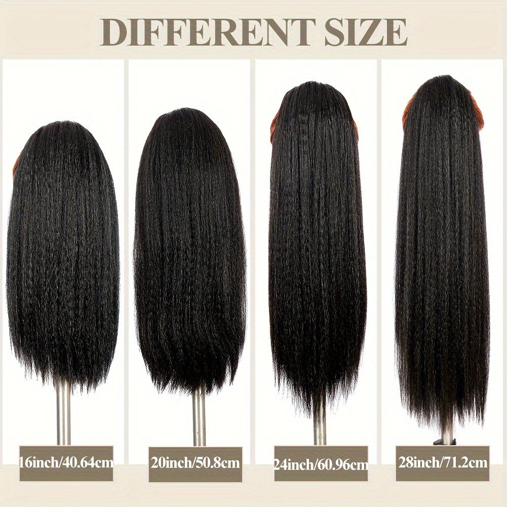 28 Inch Synthetic Yaki Hair Drawstring Ponytail, Long Black Straight Clip in Hair Extensions, Fluffy Yaki Hairpiece for Daily Use