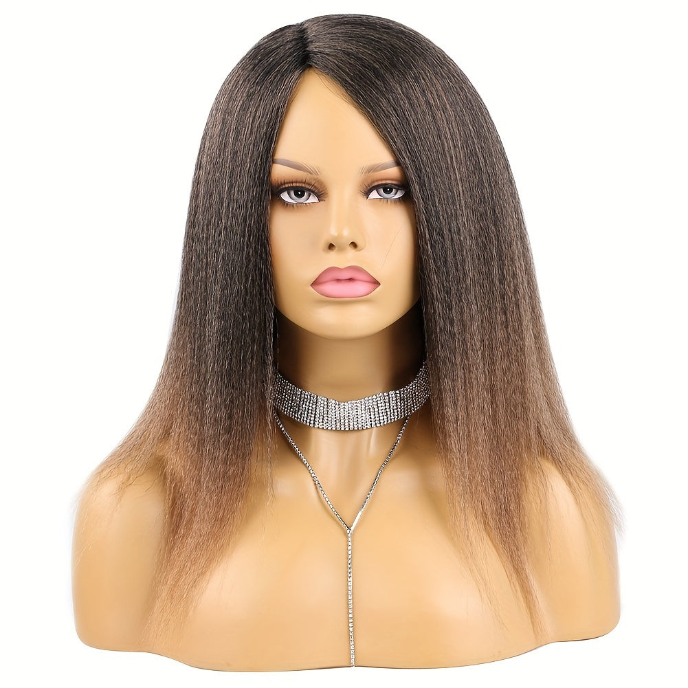 180% Density Elegant Yaki Straight Wig for Women, Synthetic Kinky Afro Hair, Medium Length 14inch, Elastic Net Cap, Natural Look, Suitable for African Women