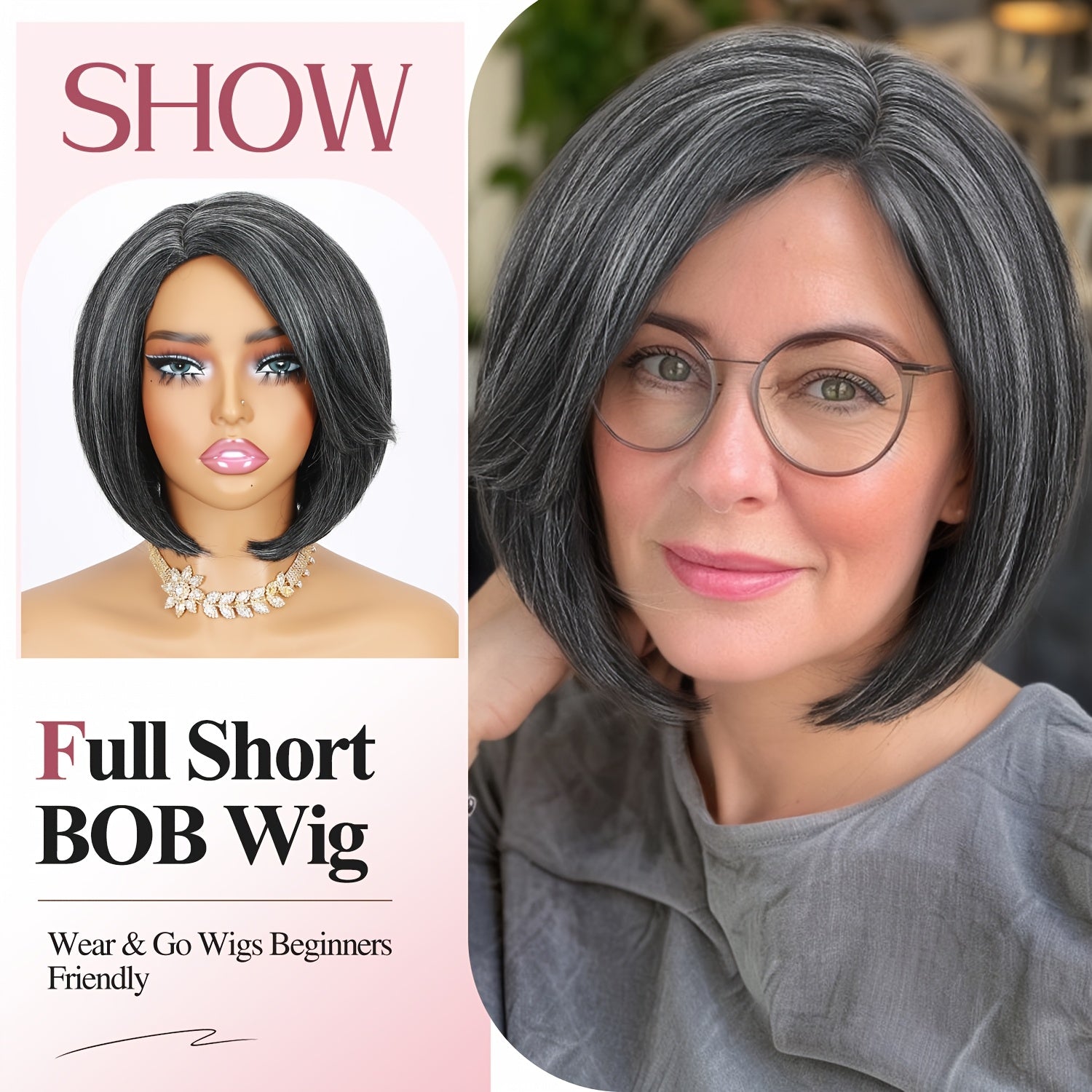 10" Yaki Straight Bob Wig for Women - Soft Synthetic Hair, Side Part, Ombre Grey to Black, Versatile for Daily or Party Use, Versatile Hairstyle | Sleek Synthetic Wig | High Temperature Fiber