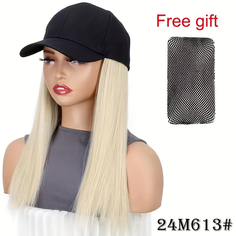 A Women'S Cross-Border Wig Baseball Cap Featuring Long Straight Hair Made of High-Temperature Synthetic Fibers, Available in Multiple Colors. This Wig Is Suitable for Outdoor Activities And Everyday Wear.