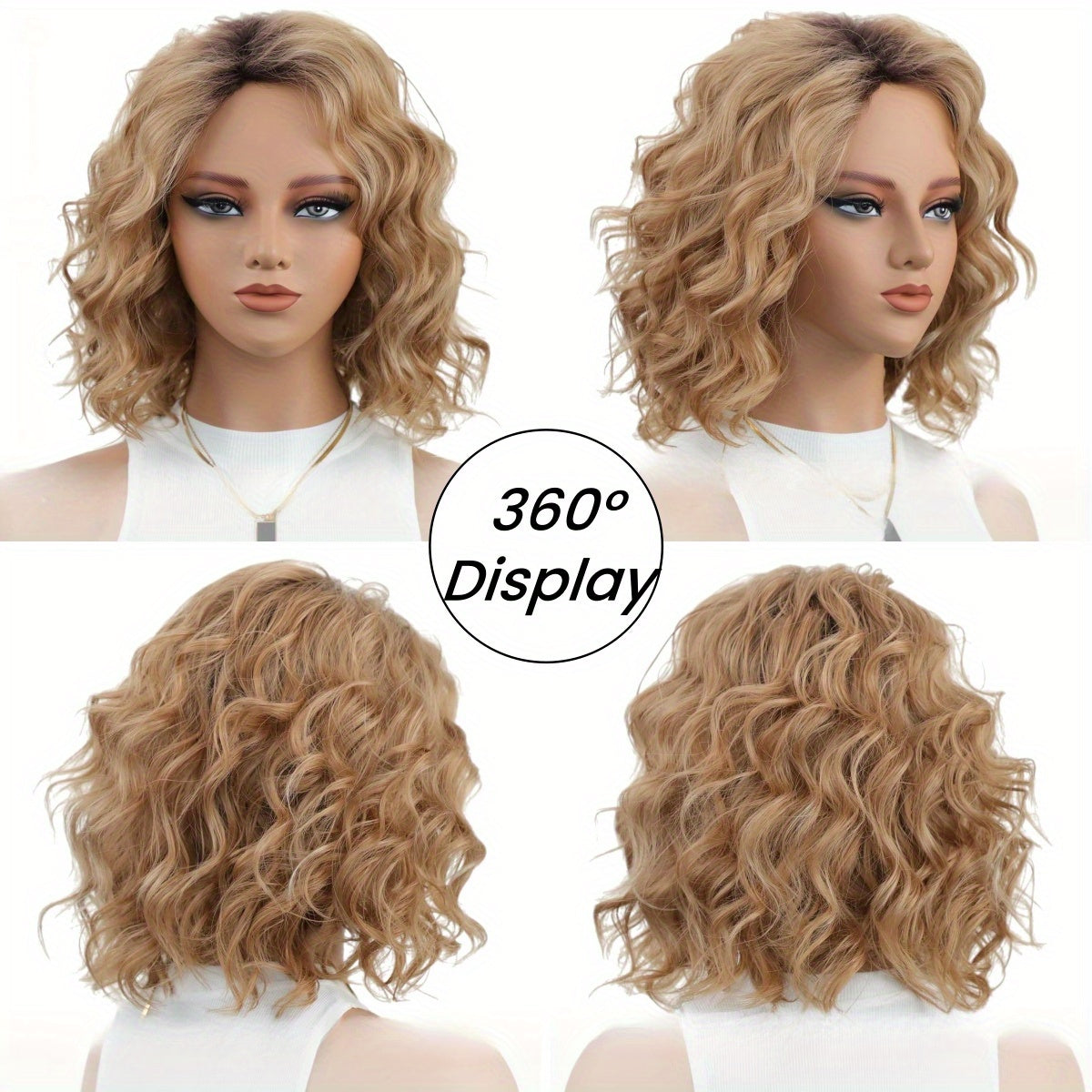 12" Ombre Blonde Wavy Bob Wig for Women - Mid-Length Layered Synthetic Wig with Dark Roots