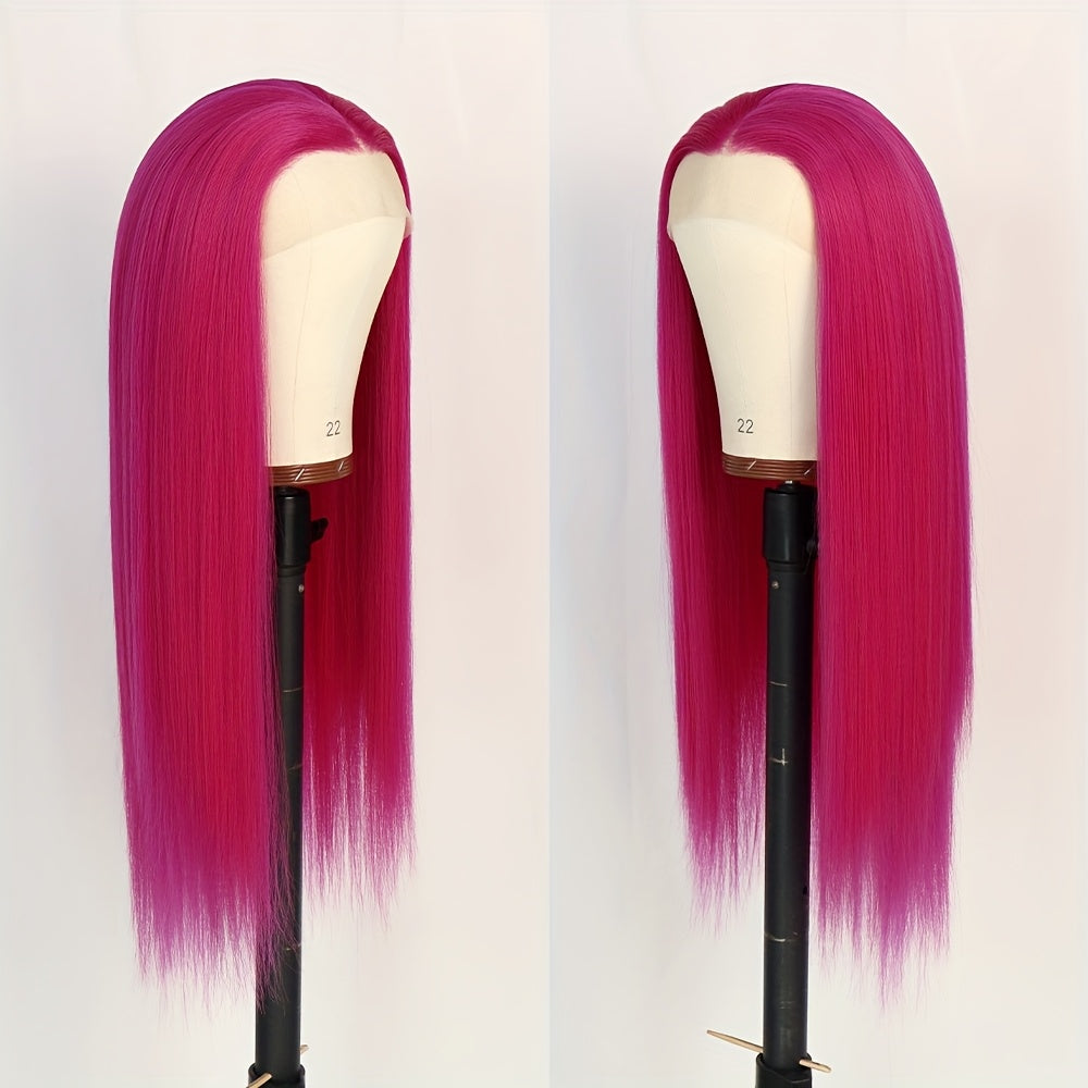 Glamorous 28" Long Straight Hot Pink Lace Front Wig for Women - Vibrant Middle Part, High-Density 180%, Heat Resistant Synthetic Hair, Pre-Plucked & Glueless with 13x4 Lace Frontal, Ideal for Daily Use & Special Occasions