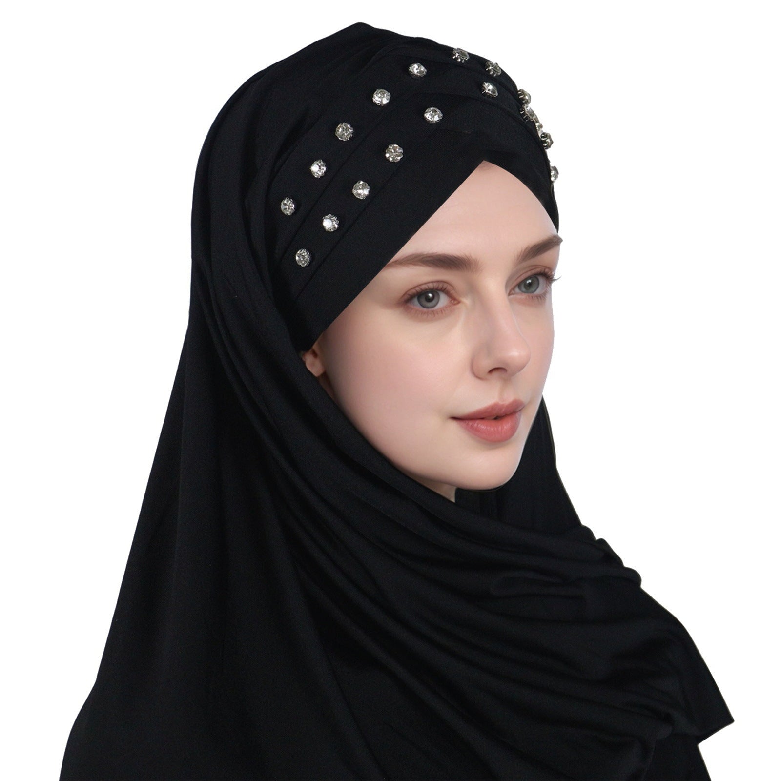 1pc Elegant Women's Polyester Hijab Scarf with Crystal Embellishments, Forehead Cross Design, Fashionable Long Shawl Head Wrap for All Seasons, Head Scarf