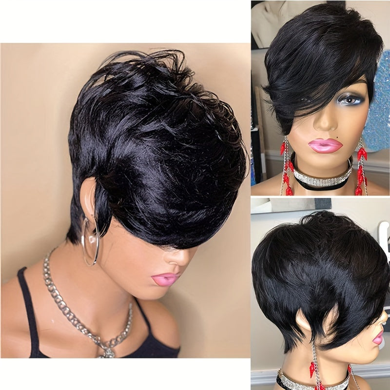 Chic Black Pixie Cut Wig for Women - Side Part, Deep Wave Synthetic Hair with Bangs, Heat Resistant, 200% Density