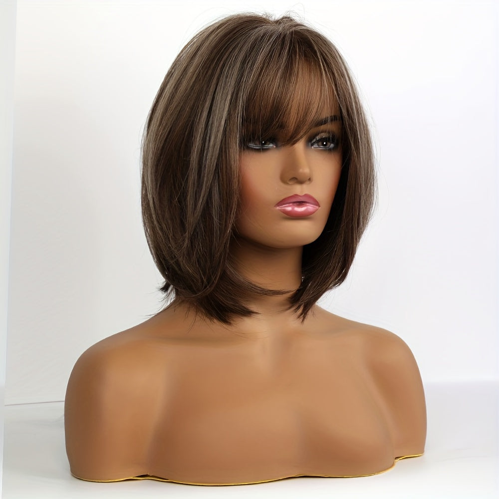 Brown  Highlighted Bob Wig with Bangs for Women