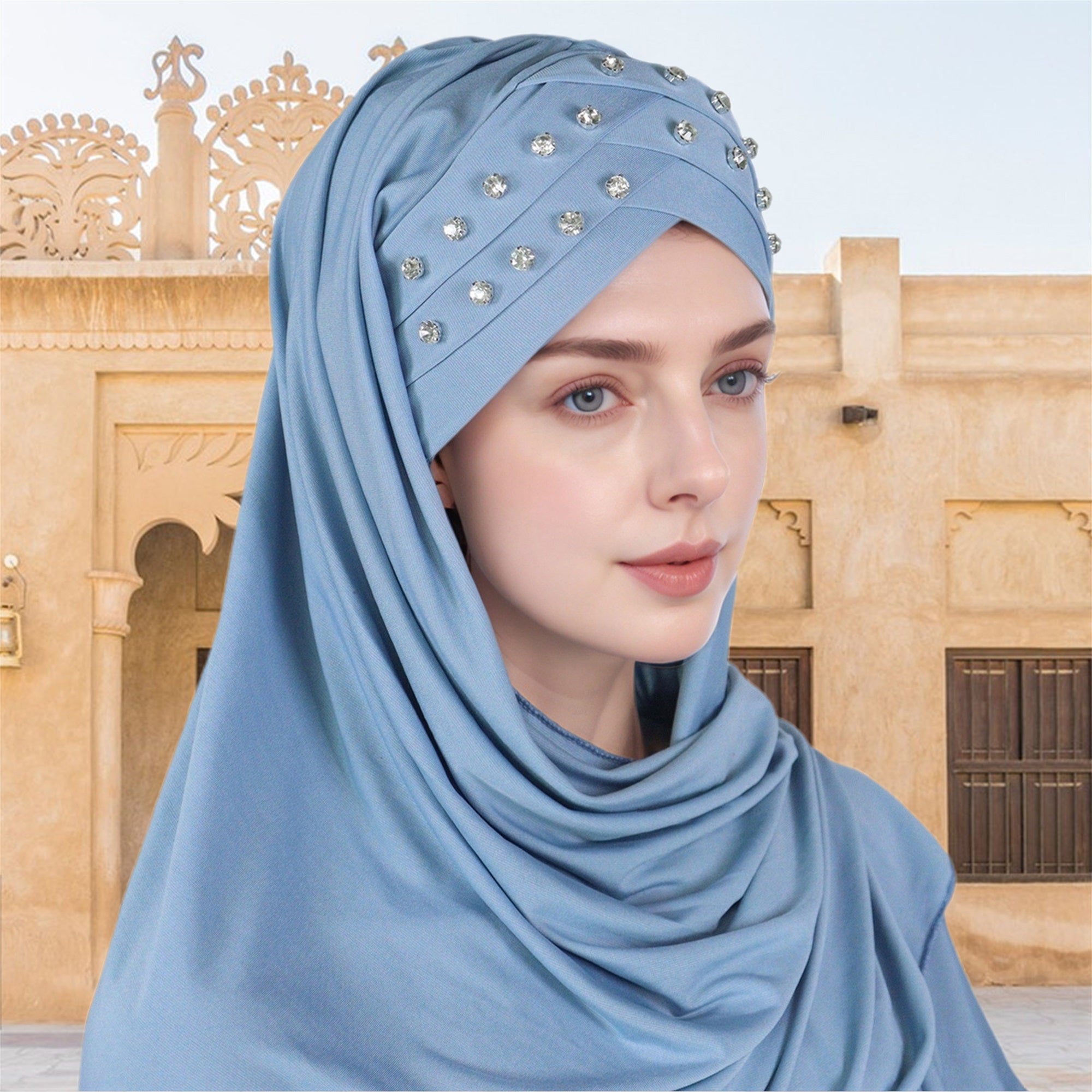1pc Elegant Women's Polyester Hijab Scarf with Crystal Embellishments, Forehead Cross Design, Fashionable Long Shawl Head Wrap for All Seasons, Head Scarf