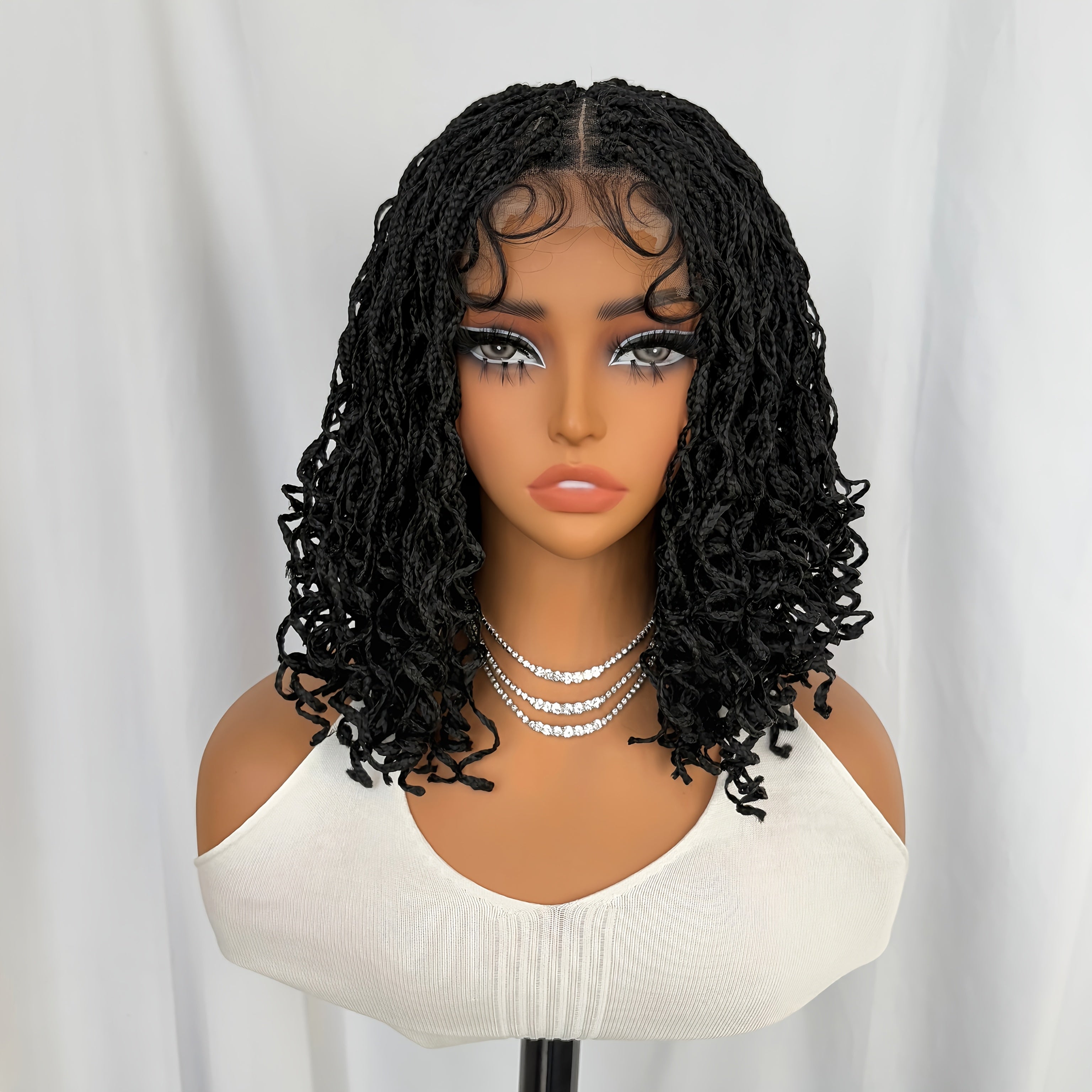 13" Black Curly Faux Locs Wig for Women - 4x4 Lace Front, Shoulder-Length Synthetic Hair with Large Parting Space, Voluminous Twist Dreadlocks, Ideal for Daily Fashion