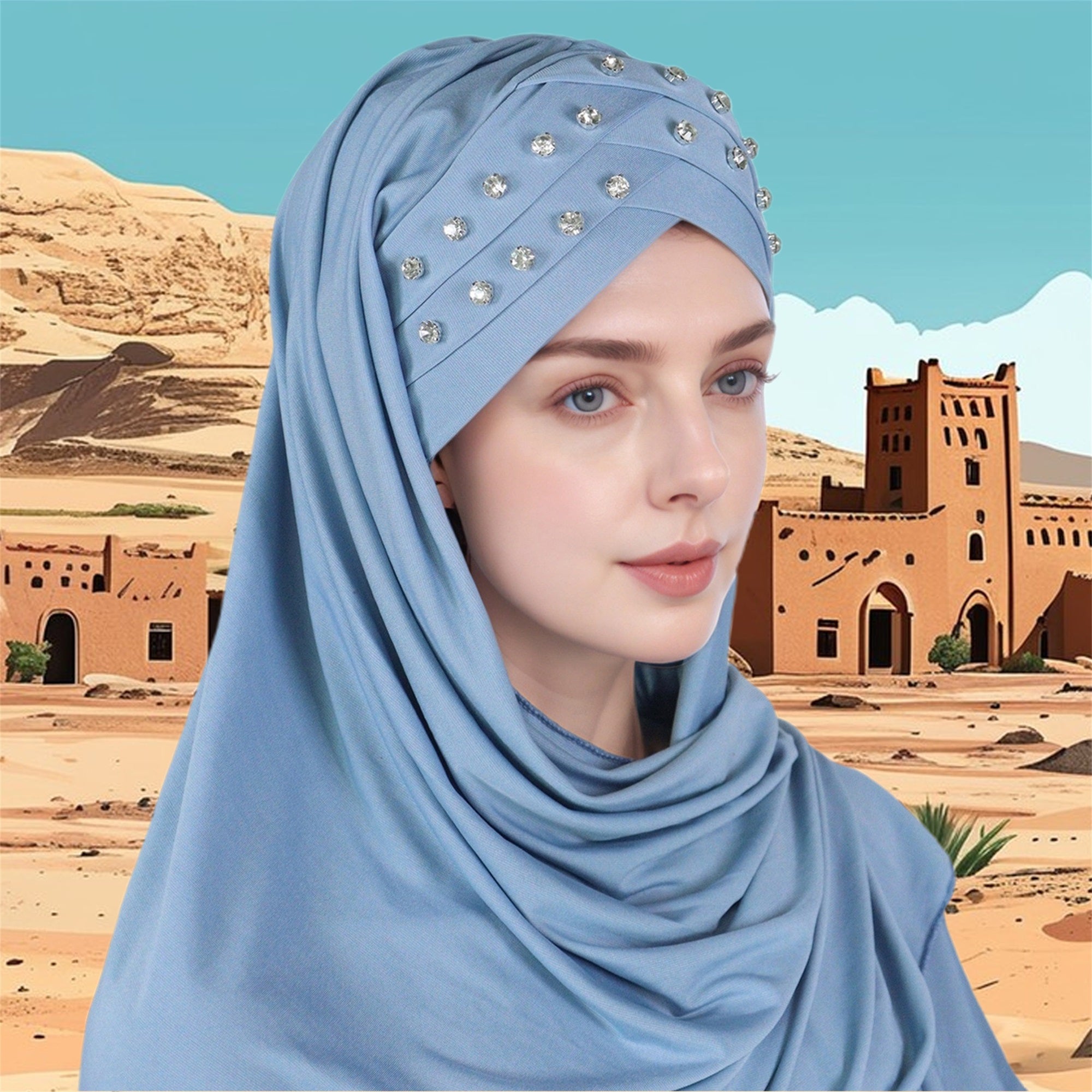 1pc Elegant Women's Polyester Hijab Scarf with Crystal Embellishments, Forehead Cross Design, Fashionable Long Shawl Head Wrap for All Seasons, Head Scarf