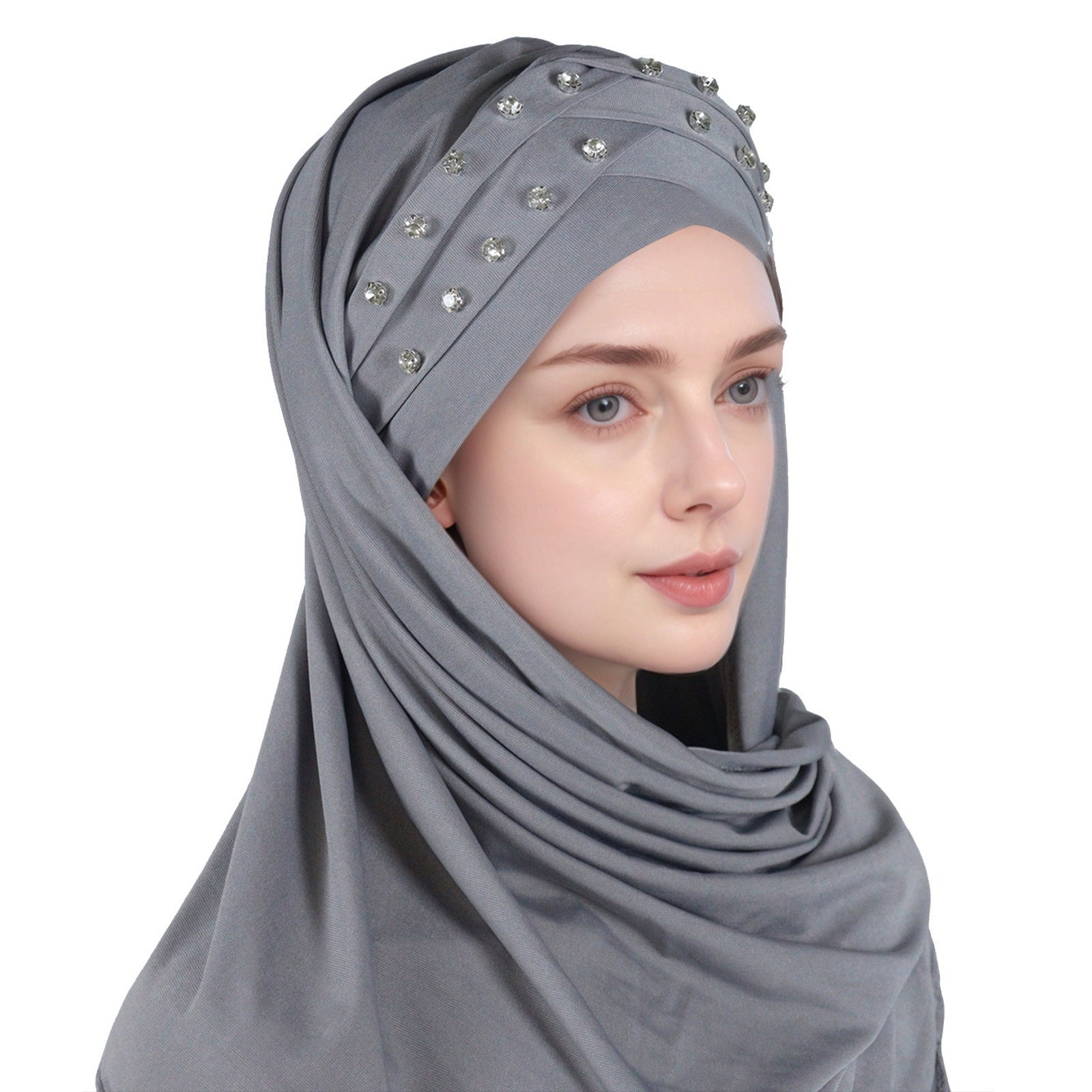 1pc Elegant Women's Polyester Hijab Scarf with Crystal Embellishments, Forehead Cross Design, Fashionable Long Shawl Head Wrap for All Seasons, Head Scarf