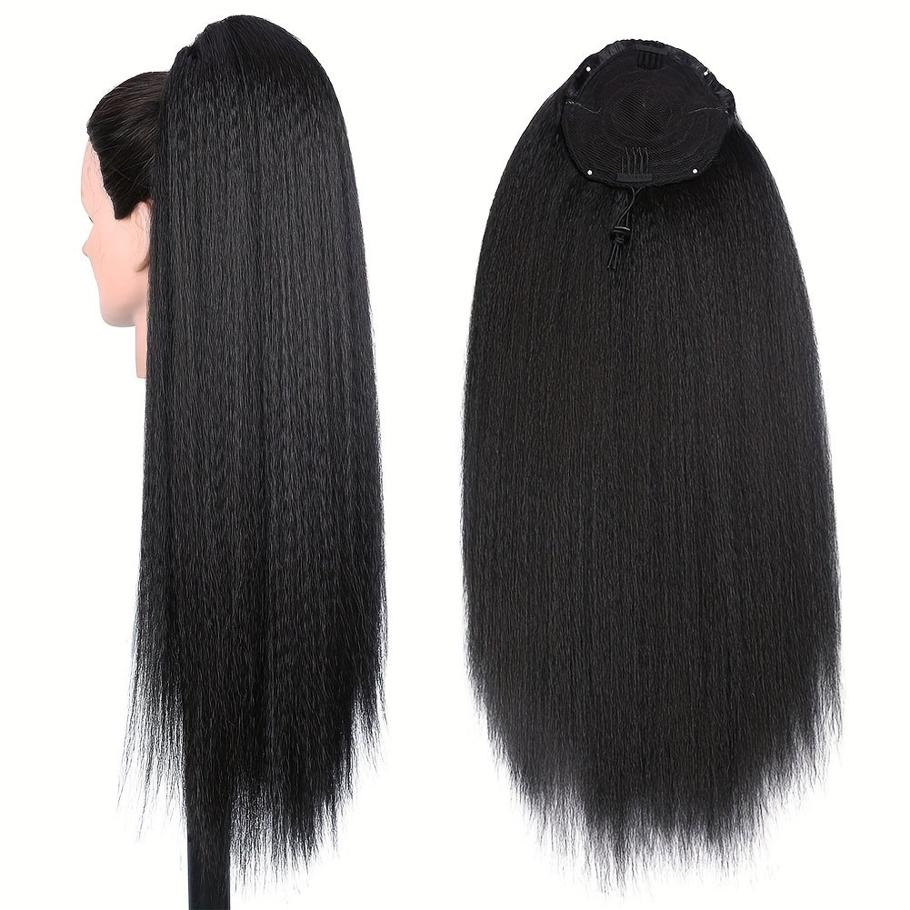 28 Inch Synthetic Yaki Hair Drawstring Ponytail, Long Black Straight Clip in Hair Extensions, Fluffy Yaki Hairpiece for Daily Use