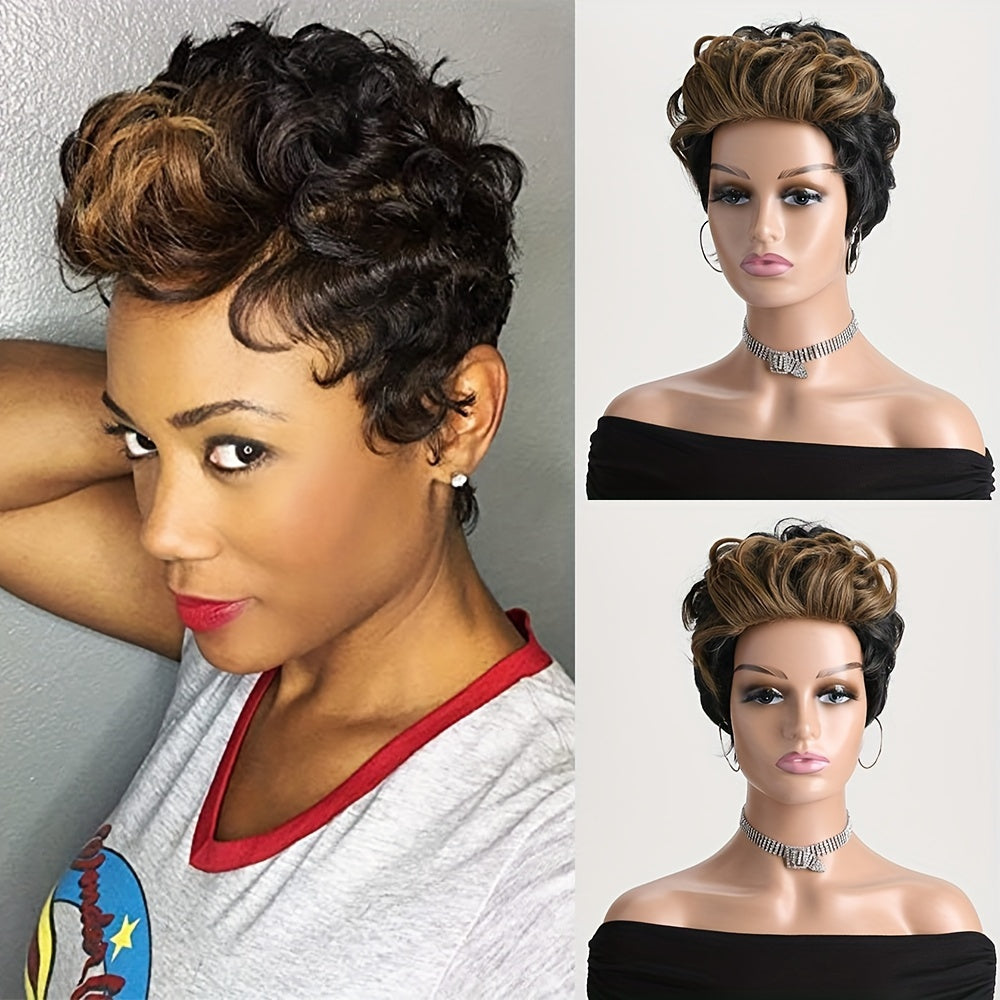 A Fashionable And Naturally Fluffy 10-Inch Black And Brown Mixed Wig for Black Women, Made of Synthetic Fibers with Curled Bangs, Suitable for Daily Wear, Role-Playing, Holiday Parties, And Halloween Costumes.