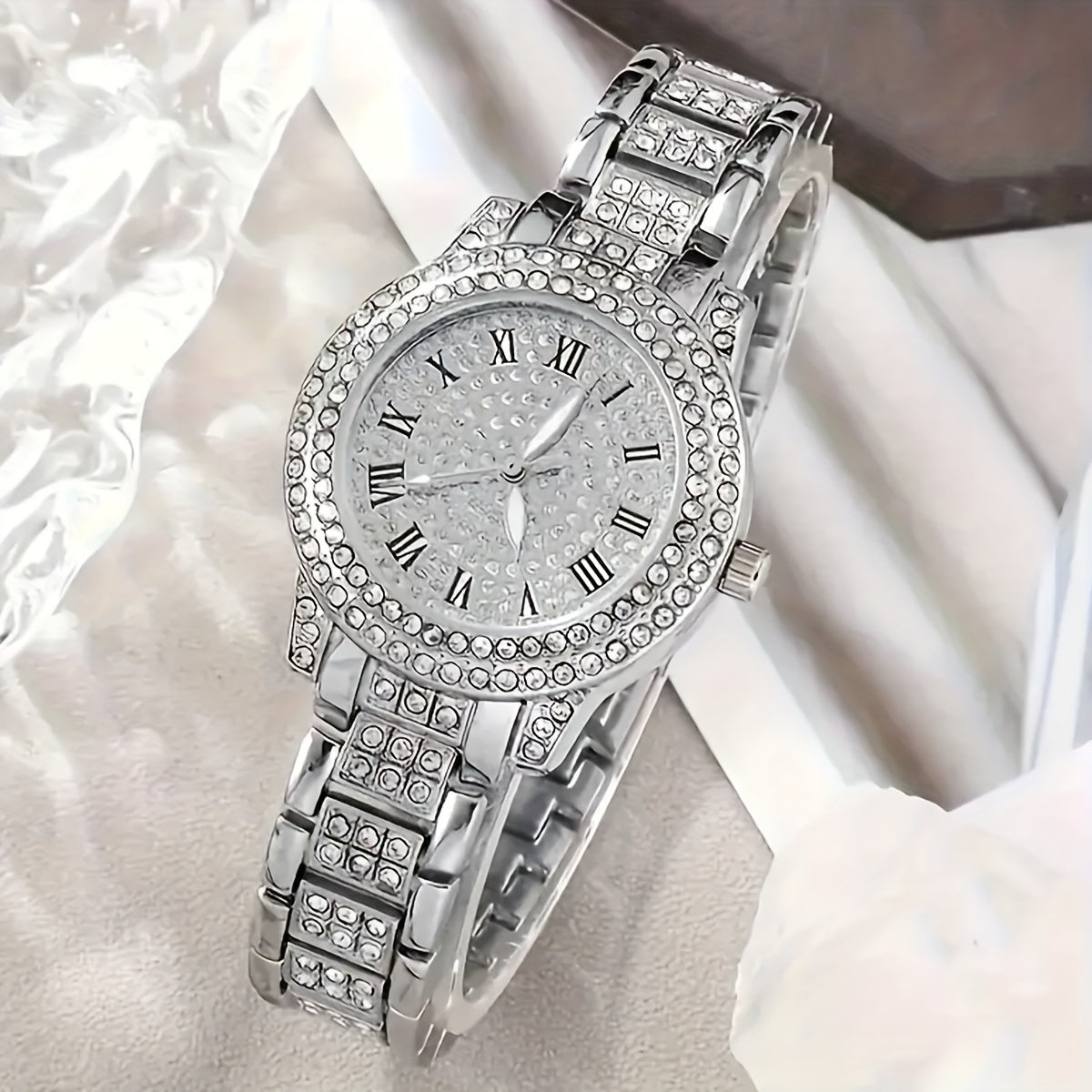 6 Round Rhinestone Quartz Watch Stainless Steel Strap