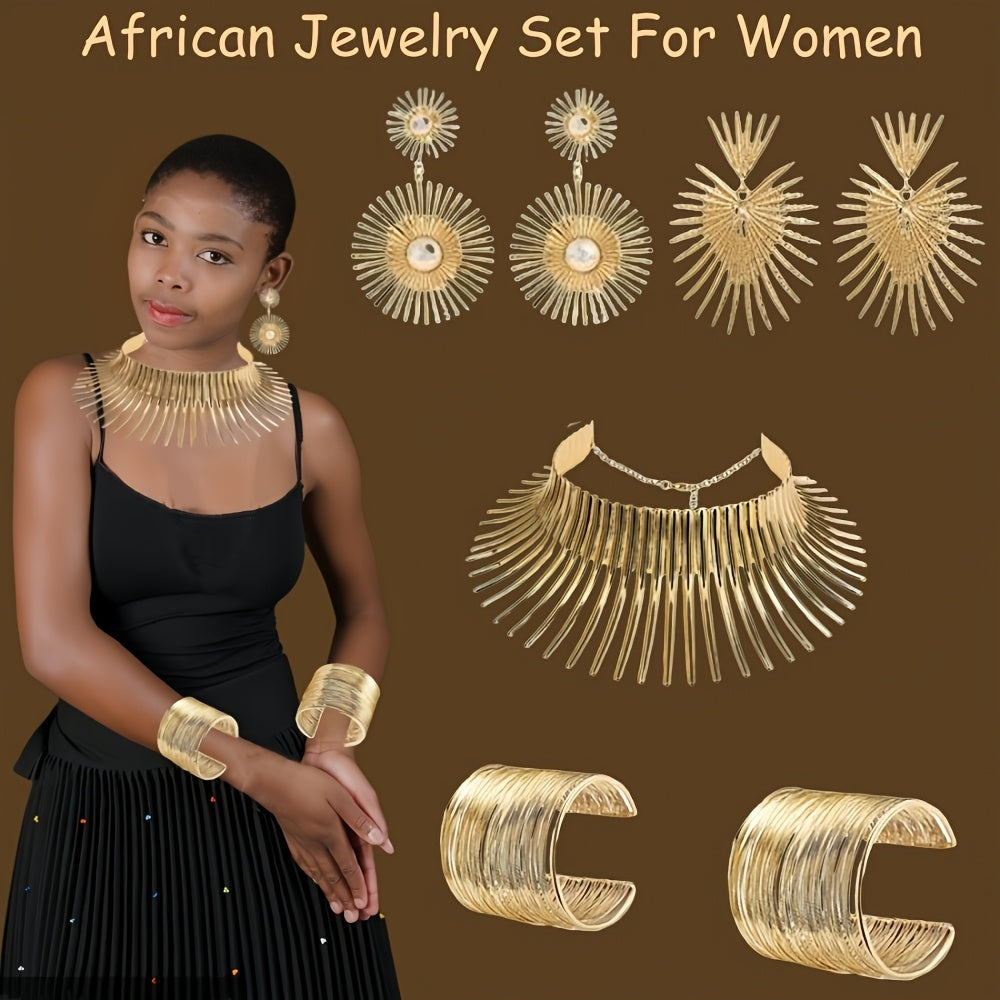 Women's African Collar Choker Necklace Earrings Bangle Set