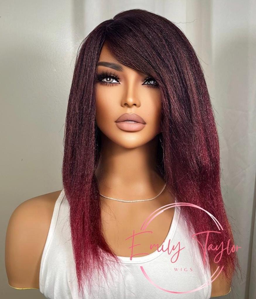 Yaki straight kinky Afro wig | Premium Synthetic fibers| color 1b natural black, burgundy and blonde|sales for women wigs