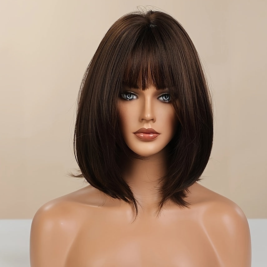 Elegant Brown Straight Synthetic Wig with Bangs for Women - Matte Finish, High-Temperature Resistant, Rose Net Cap, 100% Density