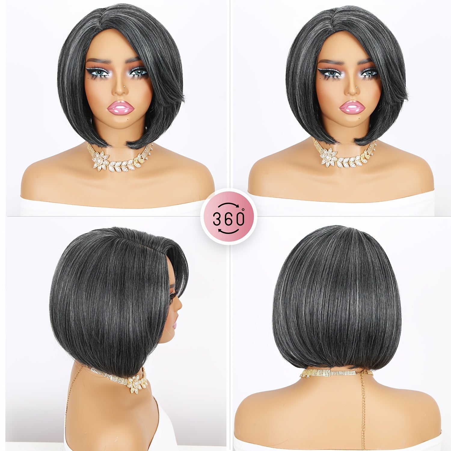 10" Yaki Straight Bob Wig for Women - Soft Synthetic Hair, Side Part, Ombre Grey to Black, Versatile for Daily or Party Use, Versatile Hairstyle | Sleek Synthetic Wig | High Temperature Fiber