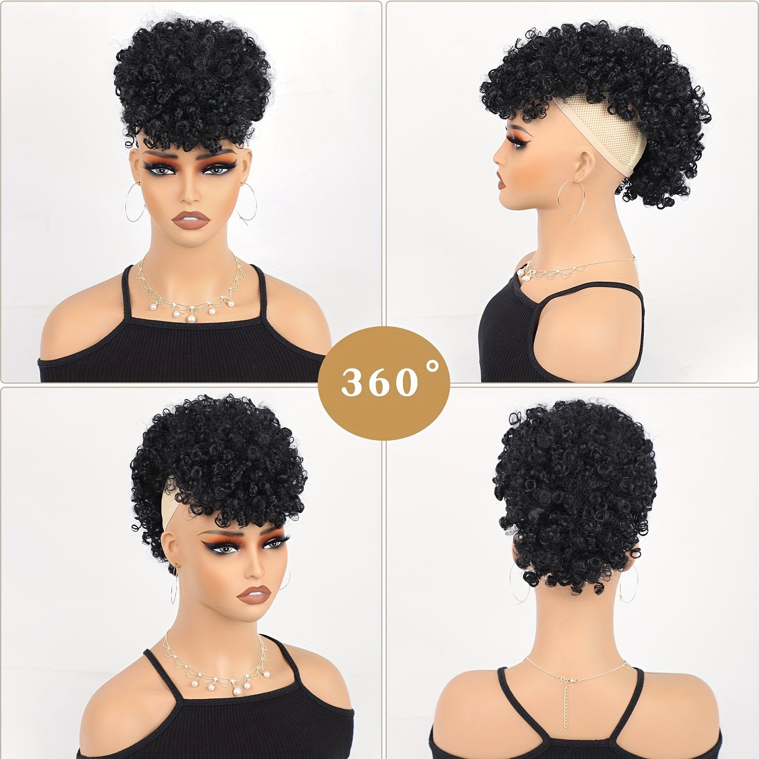 Afro High Puff Hair Bun Ponytail with Drawstring and Bangs