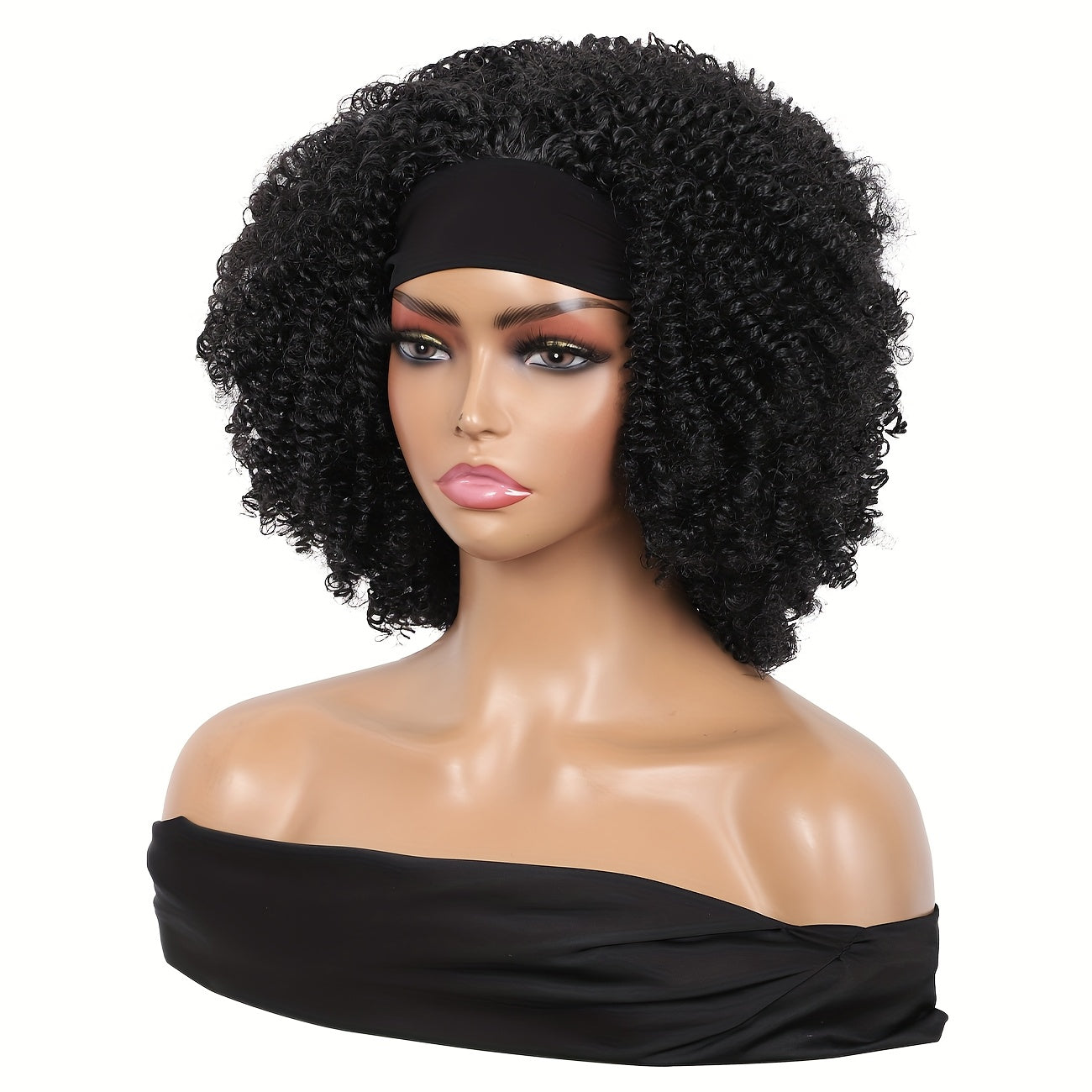 14 Inches Fluffy Afro Curly Wig with Headband for Women, Heat-Resistant Synthetic Hair, Kinky Curly Wave, High Density 200%