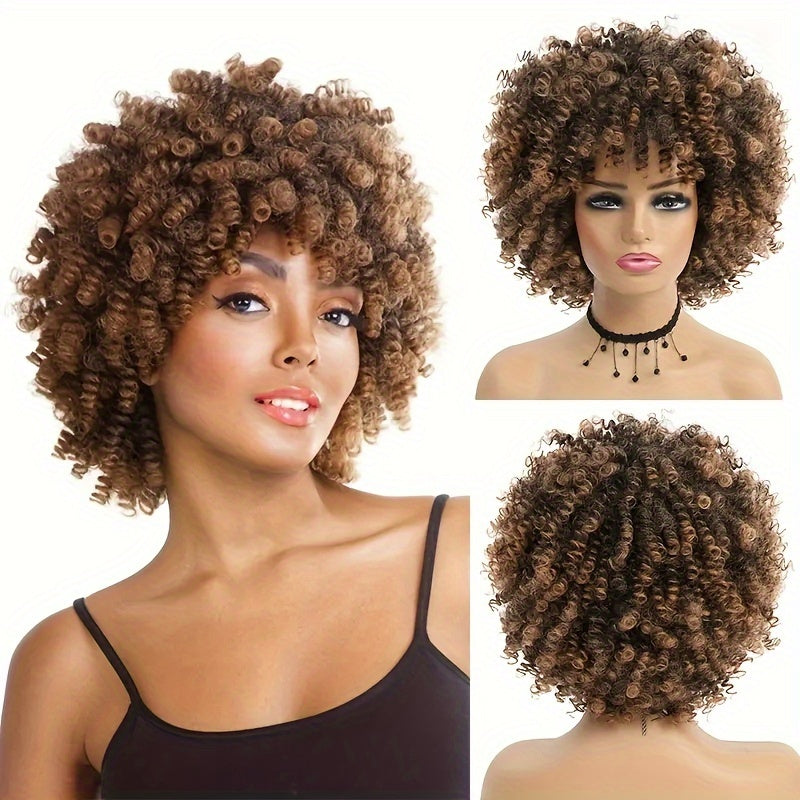 1pc High Temperature Fiber Unisex Afro Kinky Curly Wig, Glueless Rose Net Cap, Synthetic Short Hair with Bangs for Daily Wear