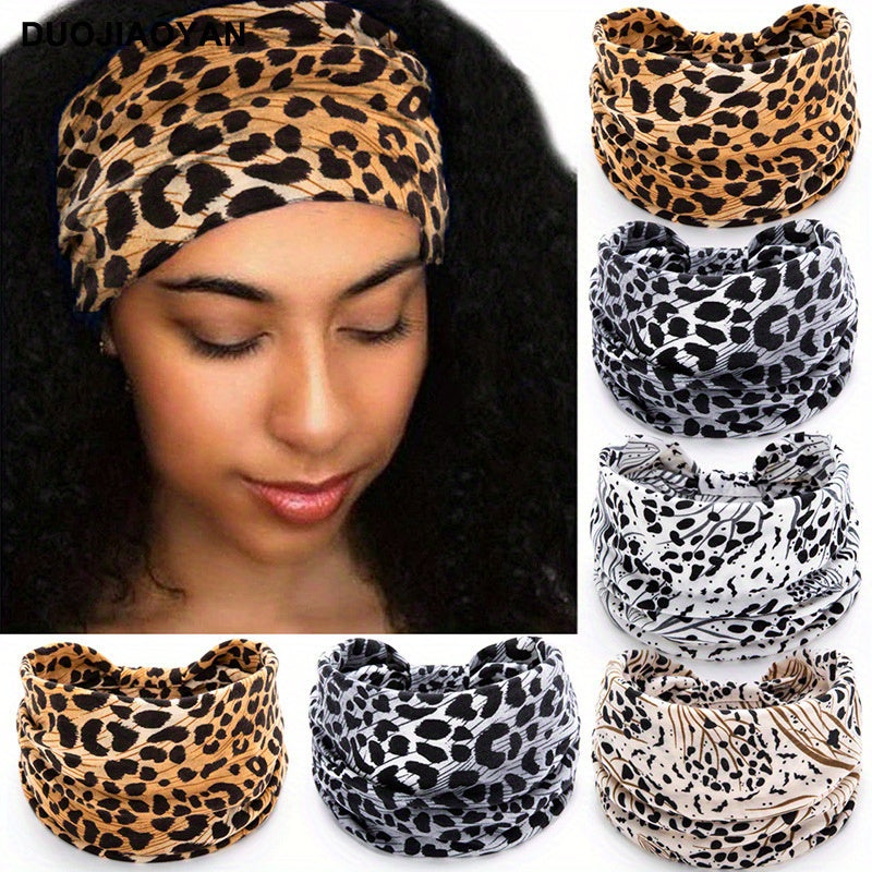 6PCS Leopard print digital sports headband Knot cross wide edge elastic headband