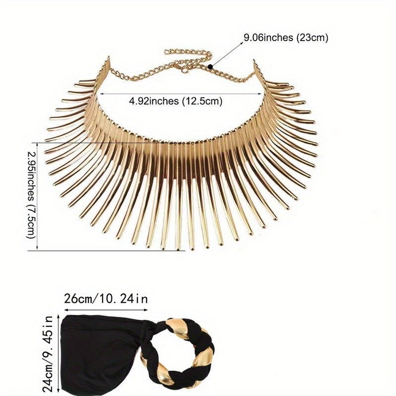 Elegant Golden Braid 1pc Colorblock Twisted Patchwork Hijab Hat + 1pc Exaggerated Fashion Metallic Choker Set - Fashion Party Daily Wear Gift Giving