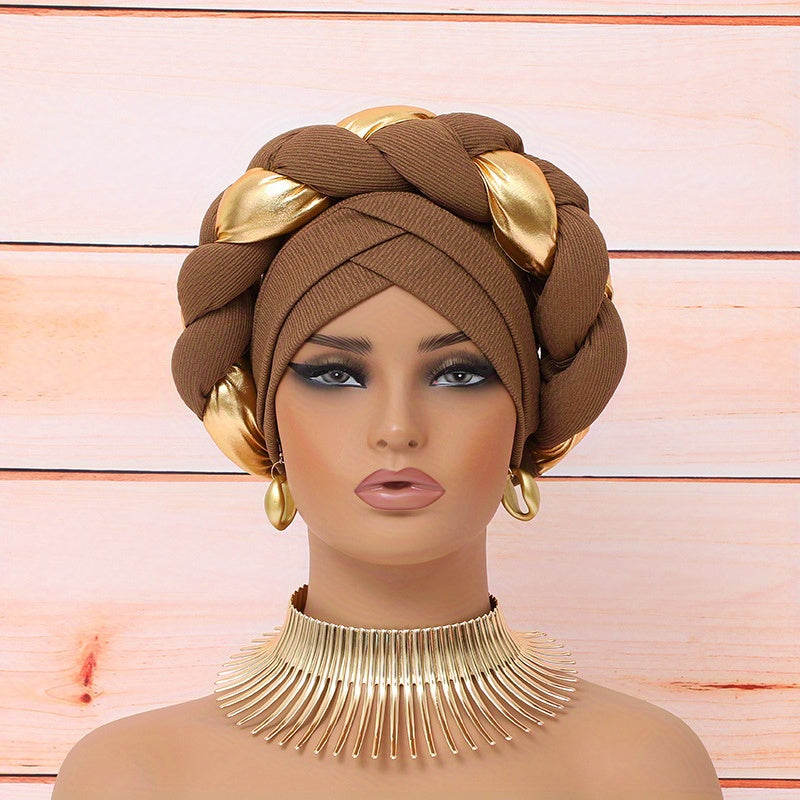 Elegant Golden Braid 1pc Colorblock Twisted Patchwork Hijab Hat + 1pc Exaggerated Fashion Metallic Choker Set - Fashion Party Daily Wear Gift Giving