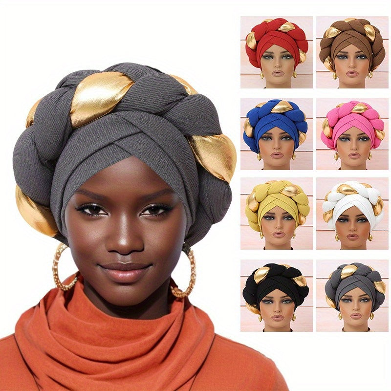 Elegant Golden Braid 1pc Colorblock Twisted Patchwork Hijab Hat + 1pc Exaggerated Fashion Metallic Choker Set - Fashion Party Daily Wear Gift Giving