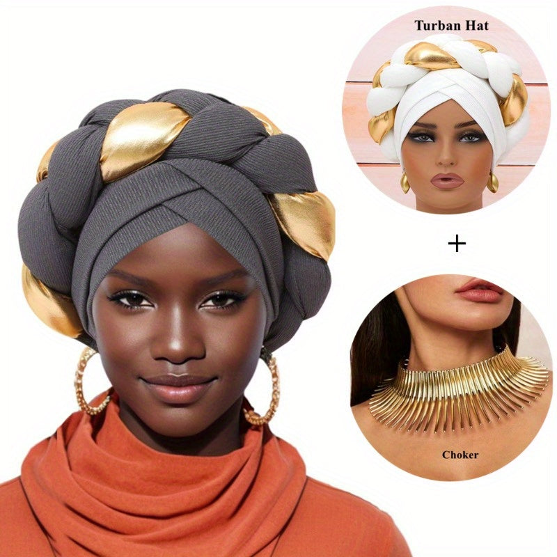 Elegant Golden Braid 1pc Colorblock Twisted Patchwork Hijab Hat + 1pc Exaggerated Fashion Metallic Choker Set - Fashion Party Daily Wear Gift Giving