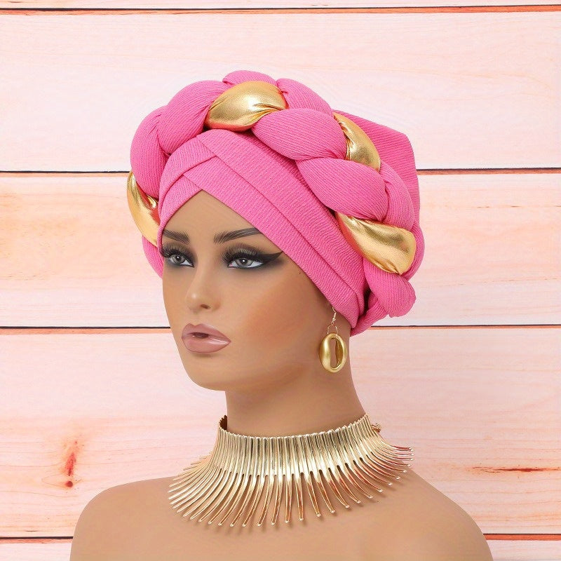 Elegant Golden Braid 1pc Colorblock Twisted Patchwork Hijab Hat + 1pc Exaggerated Fashion Metallic Choker Set - Fashion Party Daily Wear Gift Giving