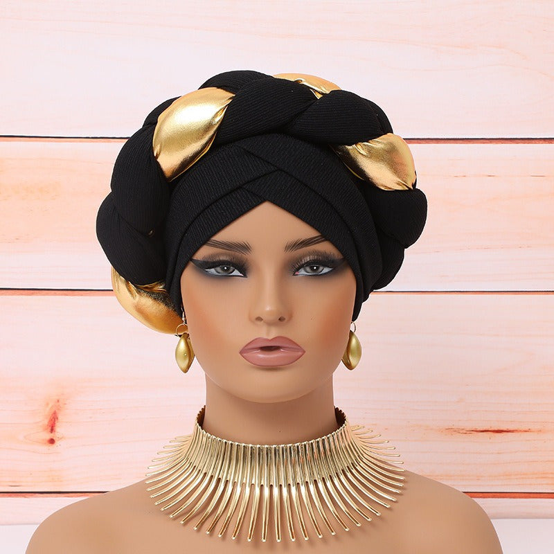 Elegant Golden Braid 1pc Colorblock Twisted Patchwork Hijab Hat + 1pc Exaggerated Fashion Metallic Choker Set - Fashion Party Daily Wear Gift Giving