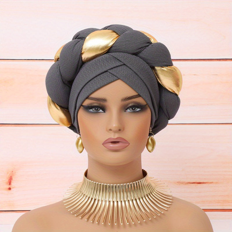 Elegant Golden Braid 1pc Colorblock Twisted Patchwork Hijab Hat + 1pc Exaggerated Fashion Metallic Choker Set - Fashion Party Daily Wear Gift Giving