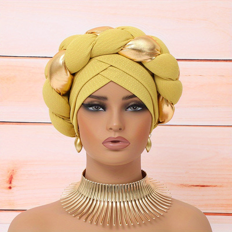 Elegant Golden Braid 1pc Colorblock Twisted Patchwork Hijab Hat + 1pc Exaggerated Fashion Metallic Choker Set - Fashion Party Daily Wear Gift Giving