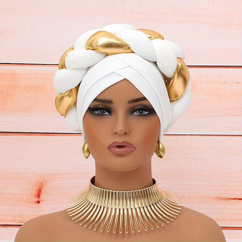 Elegant Golden Braid 1pc Colorblock Twisted Patchwork Hijab Hat + 1pc Exaggerated Fashion Metallic Choker Set - Fashion Party Daily Wear Gift Giving