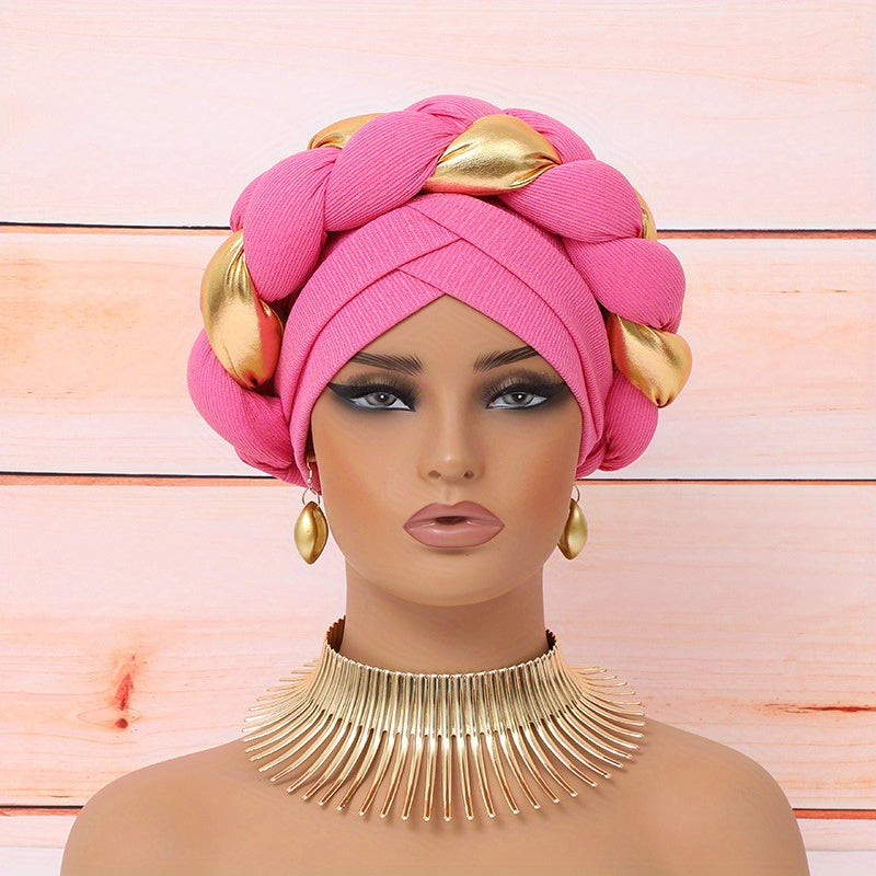 Elegant Golden Braid 1pc Colorblock Twisted Patchwork Hijab Hat + 1pc Exaggerated Fashion Metallic Choker Set - Fashion Party Daily Wear Gift Giving
