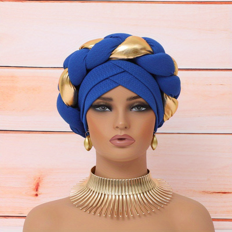 Elegant Golden Braid 1pc Colorblock Twisted Patchwork Hijab Hat + 1pc Exaggerated Fashion Metallic Choker Set - Fashion Party Daily Wear Gift Giving