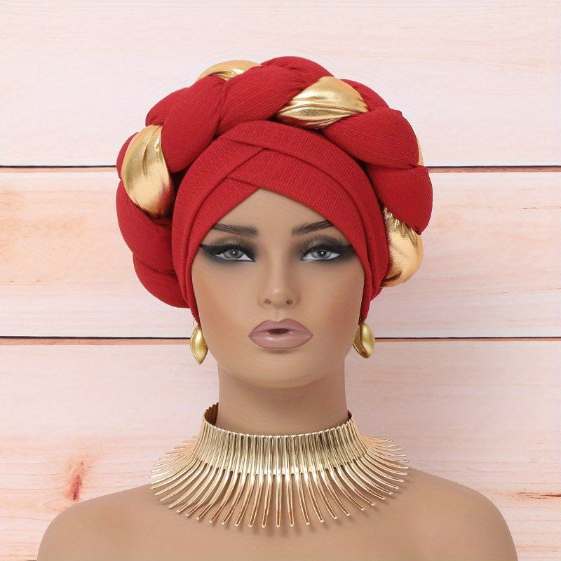 Elegant Golden Braid 1pc Colorblock Twisted Patchwork Hijab Hat + 1pc Exaggerated Fashion Metallic Choker Set - Fashion Party Daily Wear Gift Giving