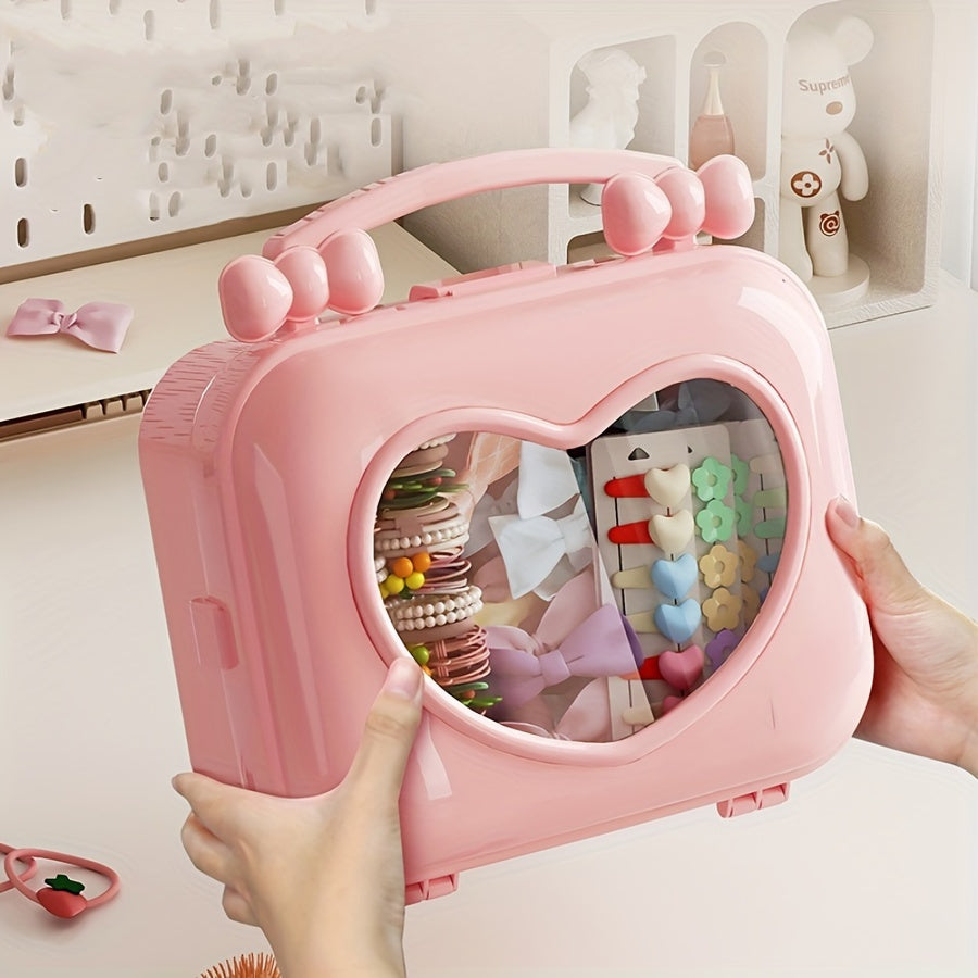 [Playful Charm, Heart-Shaped Organizer] Transparent Dustproof Pink Heart-Shaped Hair Accessory Organizer with Handle - Charming Playful Charm Cosmetic Storage Box, Durable Plastic, Battery-Free