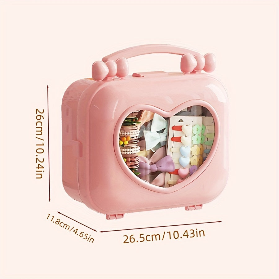 [Playful Charm, Heart-Shaped Organizer] Transparent Dustproof Pink Heart-Shaped Hair Accessory Organizer with Handle - Charming Playful Charm Cosmetic Storage Box, Durable Plastic, Battery-Free