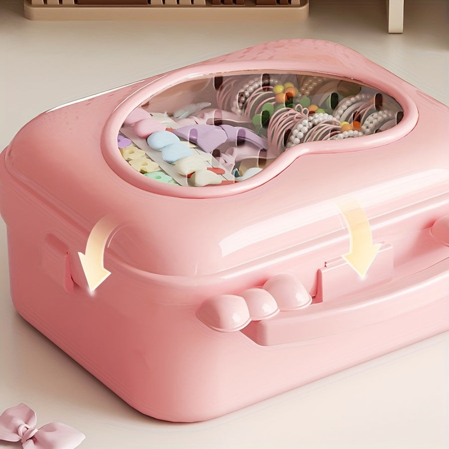 [Playful Charm, Heart-Shaped Organizer] Transparent Dustproof Pink Heart-Shaped Hair Accessory Organizer with Handle - Charming Playful Charm Cosmetic Storage Box, Durable Plastic, Battery-Free