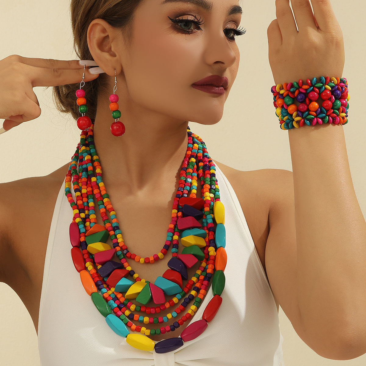 Bohemian Style Multilayer Wooden Bead Necklace Set with Earrings