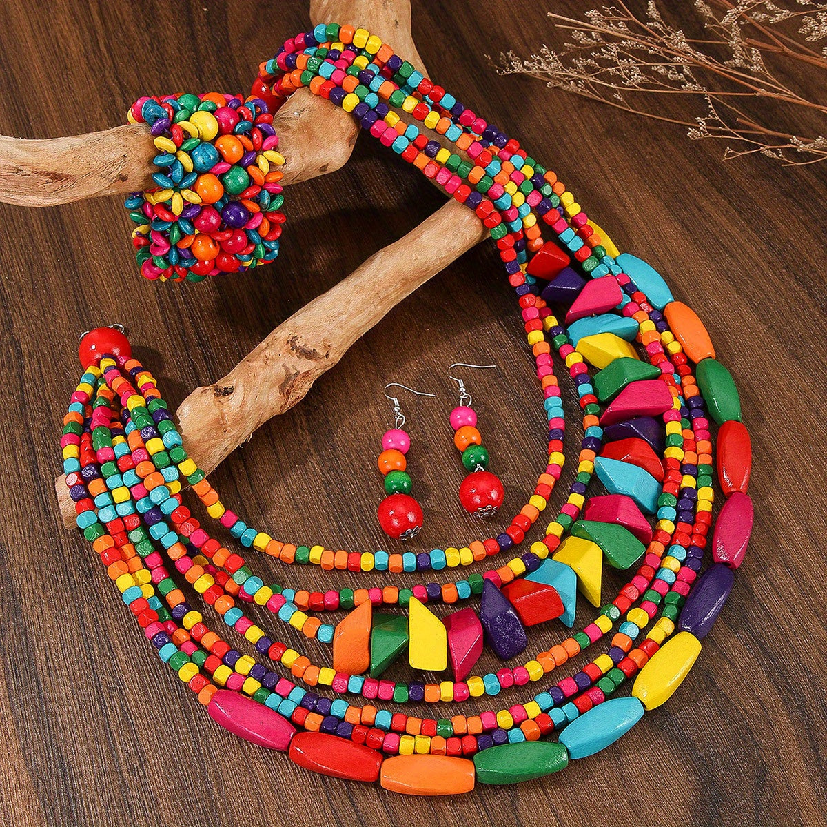 Bohemian Style Multilayer Wooden Bead Necklace Set with Earrings