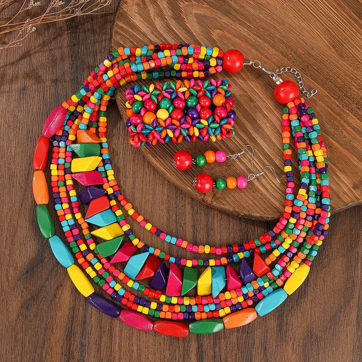 Bohemian Style Multilayer Wooden Bead Necklace Set with Earrings