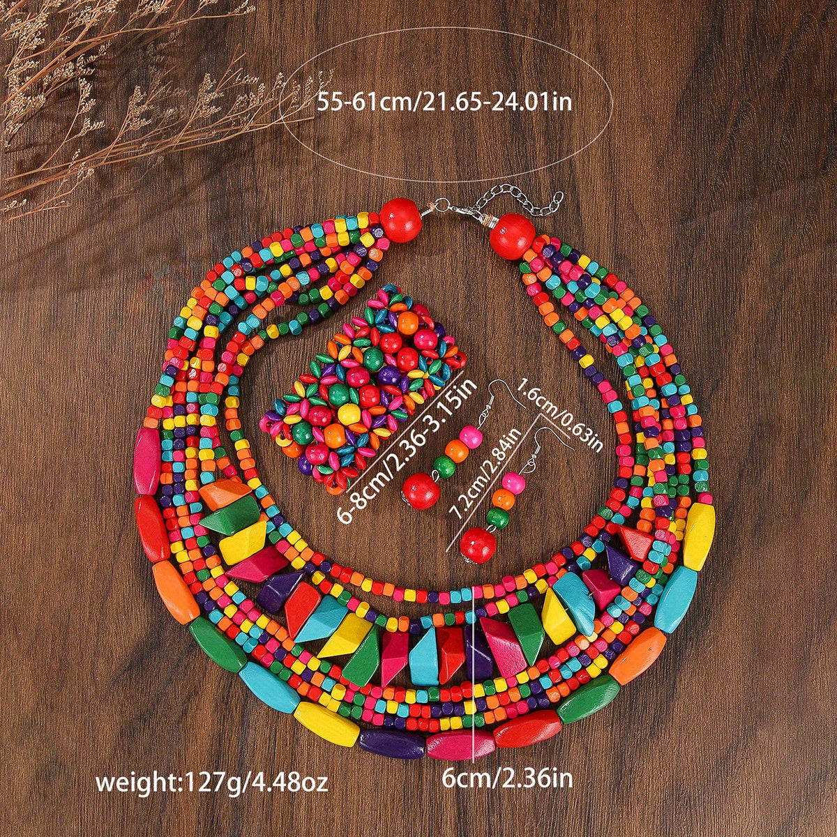 Bohemian Style Multilayer Wooden Bead Necklace Set with Earrings