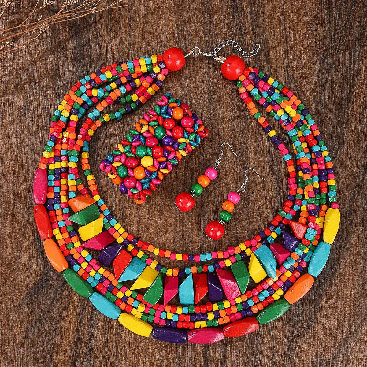 Bohemian Style Multilayer Wooden Bead Necklace Set with Earrings