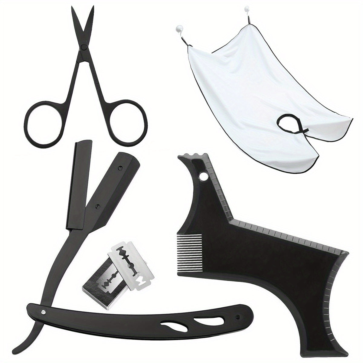 Stainless Steel Beard Grooming Kit, Beard Trimming Scissors, Shaping Razor, Comb, and Beard Blade Set