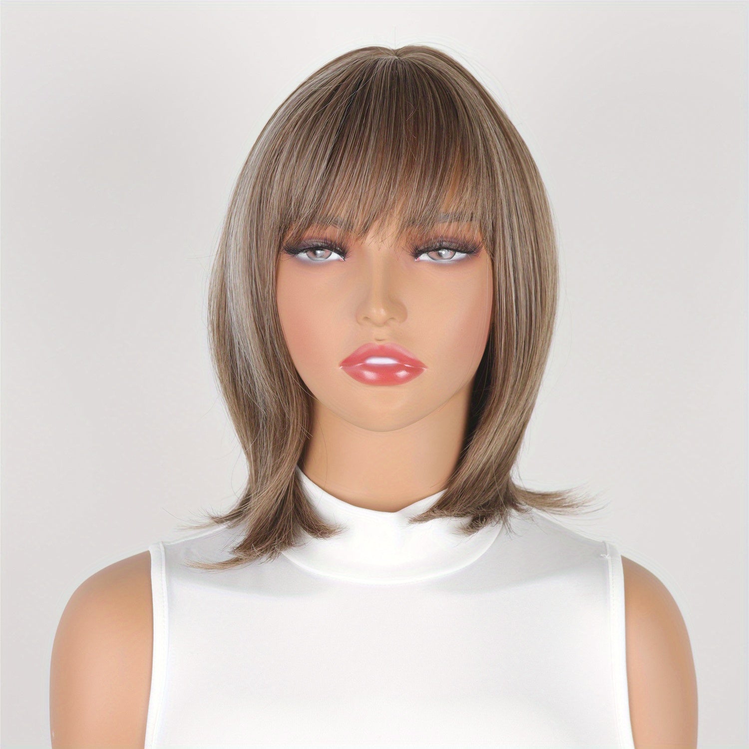 Women's Medium Length Ombre Brown to Blonde Bob Wig with Bangs, 12 Inch Layered Synthetic Loose Curly Lace Wig, Basics Collection for All Users - Mixed Highlight Color, Heat Resistant