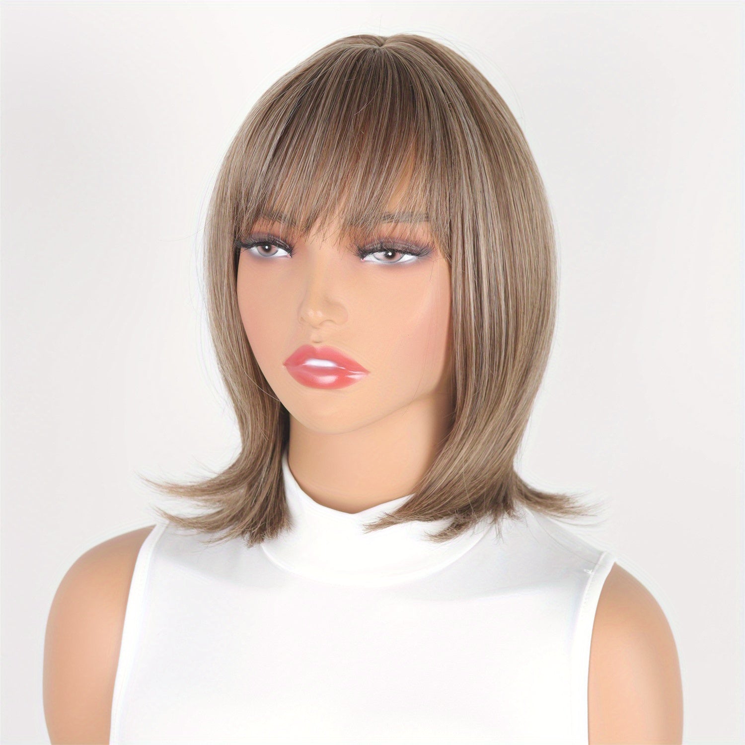 Women's Medium Length Ombre Brown to Blonde Bob Wig with Bangs, 12 Inch Layered Synthetic Loose Curly Lace Wig, Basics Collection for All Users - Mixed Highlight Color, Heat Resistant