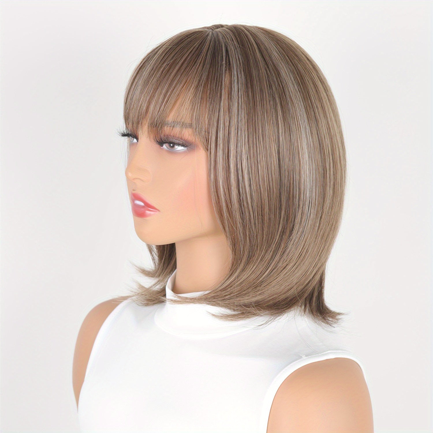 Women's Medium Length Ombre Brown to Blonde Bob Wig with Bangs, 12 Inch Layered Synthetic Loose Curly Lace Wig, Basics Collection for All Users - Mixed Highlight Color, Heat Resistant